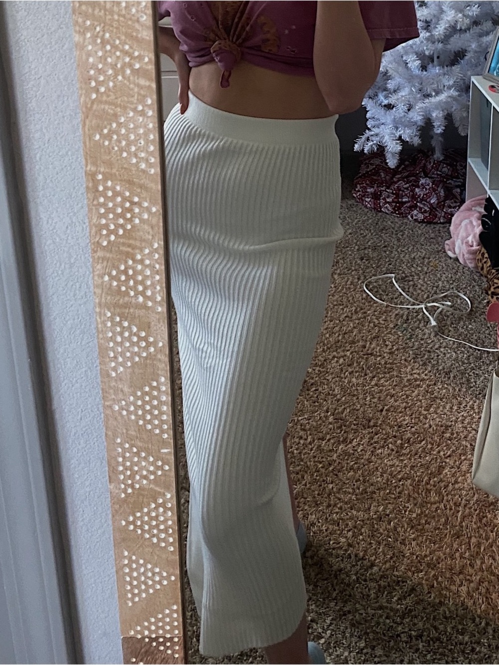 White Ribbed Knit Maxi Skirt